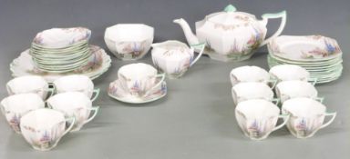 Shelley Art Deco tea set decorated in the Foxgloves pattern Rd no. 723404 and pattern no. 11842,