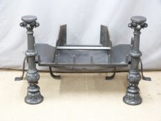 Large 19thC cast iron column fire dogs and fire grate etc, W118 x D48 x H72cm