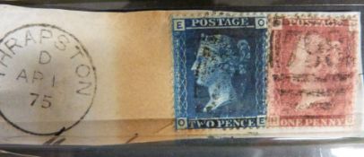 Three 1840 2d blue stamps, two pairs 1841 2d blue and eight singles, strip of three 1858 2d blues