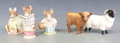 Six Beswick items comprising Beatrix Potter figures including Tailor of Gloucester, a Highland