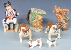 Kevin Francis John Bull Toby jug, Beswick and Royal Doulton dogs and two monkey jugs, tallest 26cm