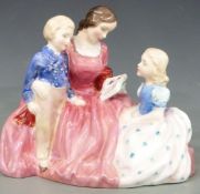 Five Royal Doulton figures including Bedtime Story, Top O'The Hill (2 colourways), Peggy and Linda