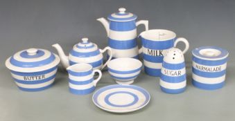 T G Green Cornishware including named Sugar, Marmalade and Butter, small teapot, jugs etc, tallest
