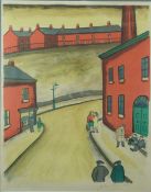 Alan Lowndes (1921-1978) signed artist's proof print, street scene with figures, 52 x 42cm