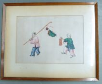 Pair of 19th/20thC Chinese watercolours on rice paper of figures celebrating, possibly New Year,
