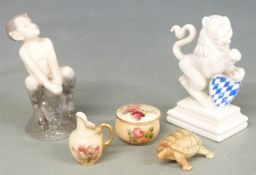 Nymphenburg griffin figure, Copenhagen figure and miniature Royal Worcester items, tallest 9cm