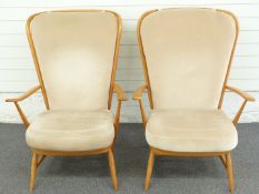 Pair of Ercol beech-framed upholstered armchairs