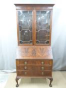 Mahogany astagal glazed bureau bookcase with fitted interior and adustable shelving, W93 x D50 x
