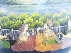 Large Indian water carrier or spherical vessel decorated people seated on a terrace with landscape