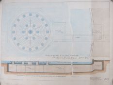 Set of three hand drawn and coloured architect's drawings of Darlington's electric fountain for
