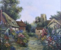 H Berner oil or acrylic on canvas cottages with flowers in bloom, signed lower left, 50 x 60cm
