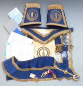 Masonic jewels, apron and ephemera including hallmarked silver gilt and blue enamel