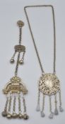 An oriental necklace with hardstone drops and a Chinese chatelaine