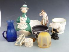 A collection of ceramics and glass including a 19thC blue glass jug, jardinière, figural duck