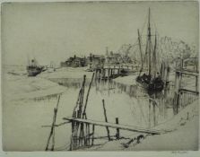 Three engravings/ etchings comprising ploughing with heavy horses signed Joseph Kirkpatrick, estuary