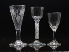 Three 18th/19thC drinking glasses comprising one with cotton twist stem and ogee shaped bowl, one