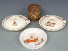 Doulton Lambeth stoneware jar with Chares Kingsley poem, two Bunnykins food warmers and a Mabel