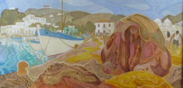 Oliver Heywood (1920-1992) oil on canvas, quayside with boats and nets, Paros, Greece, signed