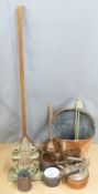 Arts and Crafts copper embossed coal bucket, two copper washing tools, copper kettle etc