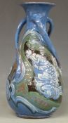 Brannam Pottery 19thC vase with incised fish decoration and three wrythen moulded handles, H30cm