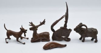 Five Japanese bronzes, a fish, deer, crab claws, dog and ram, largest 10 x 5.5cm
