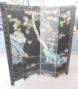 Chinese four fold screen with carved and painted landscape to one side and carved, gilt and