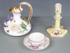Derby flower encrusted jug, Berlin candlestick and a wrythen moulded cabinet cup and saucer