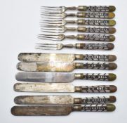 A set of six forks and knives set with mother of pearl and hardstone each reading 'J C Connell'