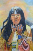 Acrylic on board 'White Feather' Apache medicine woman and healer, signed lower right L Frosh, 81