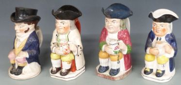 Four 19thC Toby jugs including one with top hat, sponge decorated etc, tallest 26cm