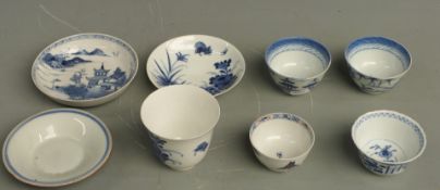 Eight items of Chinese and Japanese blue and white ceramics comprising three dishes and five tea