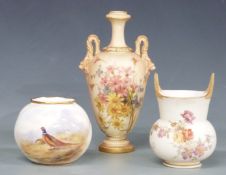 Three Royal Worcester vases including one hand decorated with pheasants signed Maybury, blush