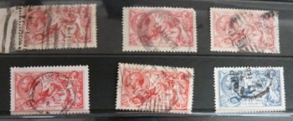 A sheet of seahorse stamps 1913-18, 2s 6d-10s (19) and a sheet of seahorse stamps 1934, 2s 6d and 5s
