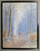 Four Chinese/ Japanese watercolours including one of a figure in woodland, signed Y Matsumoto, two