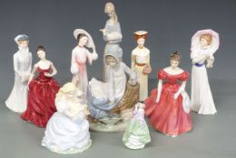 Ten Royal Doulton, Coalport and Nao figurines including The Four Seasons set, Winsome, Innocence,