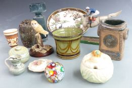 A collection of ceramics and glass including a turned serpentine covered biscuit barrel, studio