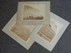 Three mounted photographs of Joseph Paxton's Crystal Palace, one depicting workers on scaffolding,