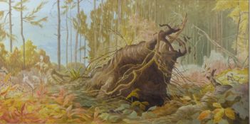 Oliver Heywood (1920-1992) watercolour Larch Wood above Wick Street, Stroud, Gloucestershire, (the