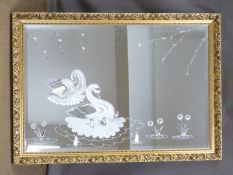 A bevelled glass mirror with engraved swan decoration, 71 x 102cm