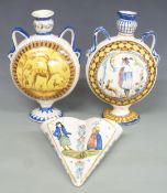 French Quimper style wall pocket and a pair of moon flasks, H29cm