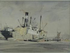 Rowland Hilder (1905-1993) watercolour of a ship in dock and a signed engraving 'North Sea Drifter