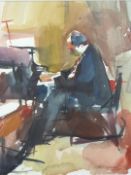 Roy Freer (British, b1938 NEAL, RI, ROI) abstract watercolour of a seated musician, signed and dated