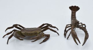 Two Japanese bronzes, a crayfish and a crab, both marked to base, largest 13 x 5cm