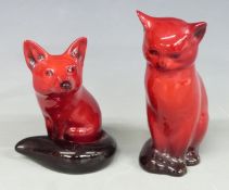 Royal Doulton flambé seated fox and cat, tallest 13cm