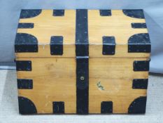 Victorian ash or similar silver travelling trunk with steel fittings, with brass plate for