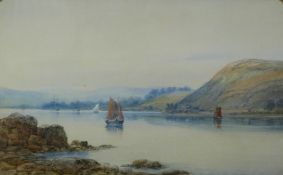 19thC watercolour coastal scene with boats in an estuary, 17 x 27cm, in gilt frame