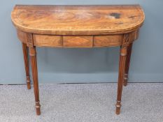 Georgian mahogany fold over card table raised on reeded legs, W92 x D45 x H73cm