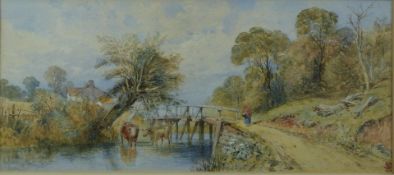 Victorian watercolour of a woman crossing wooden bridge with cattle watering, signed with monogram