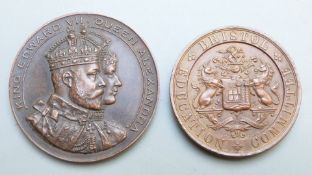 Edward VII and Queen Alexandra commemorative bronze medal Cardiff Dock 1907, and a Bristol Education