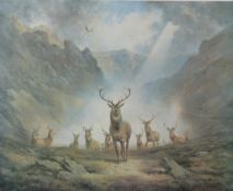 Raoul Millais (1901-1999) signed limited edition (159/500) print of stags in a Highland landscape '